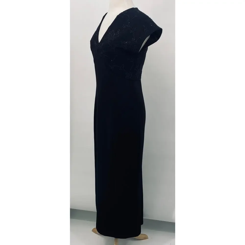 Vintage 90s Beaded Bodice Maxi Dress Knit Fitted Column Gown Empire Waist Black - Picture 3 of 8